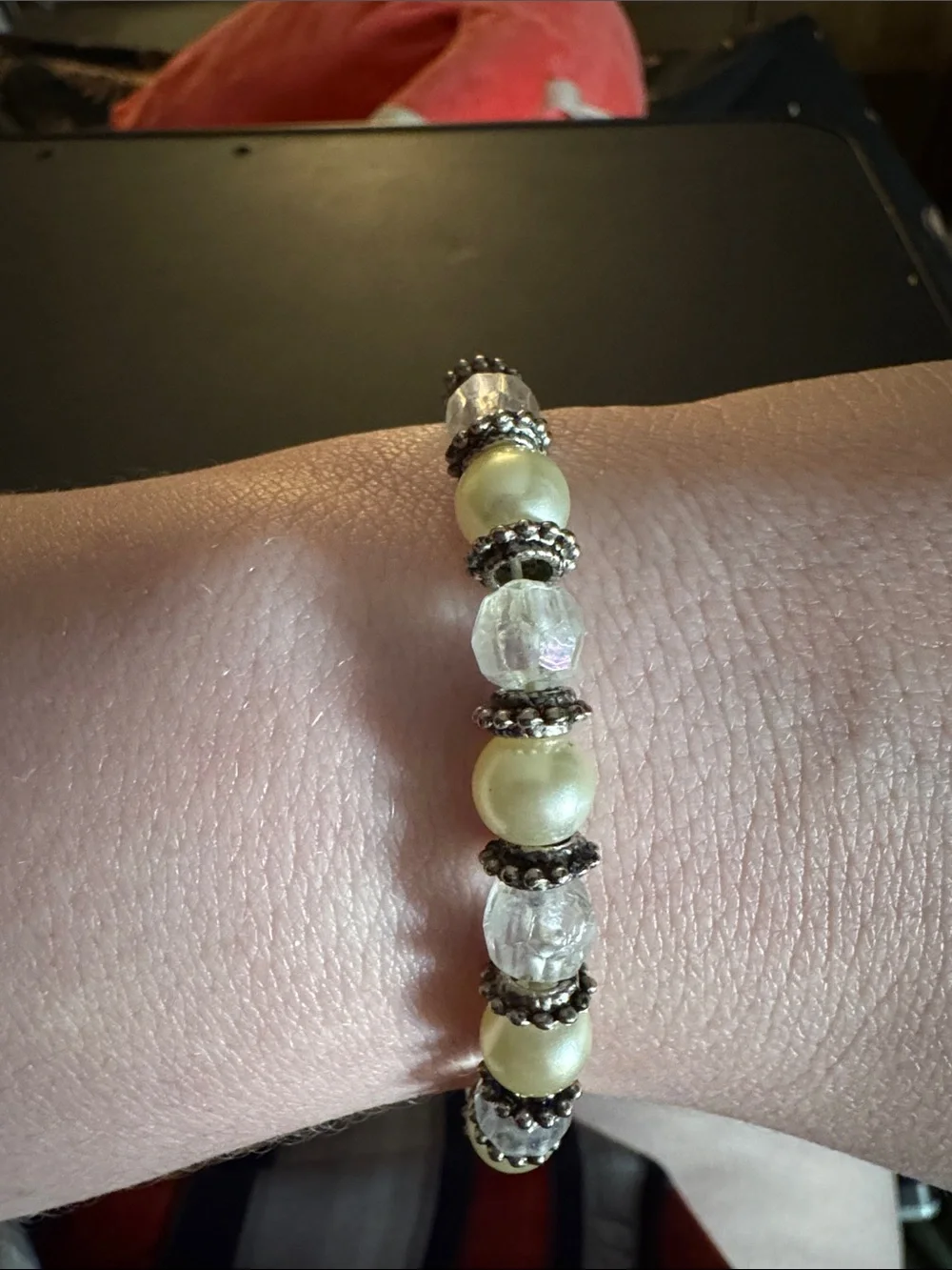 Ivory Pearl and Clear Crystal Stretch Bracelet